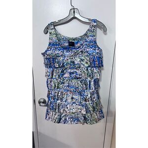 Mely New York Women's Watercolor Tiered Ruffle Tank Top Blue Green Size Medium